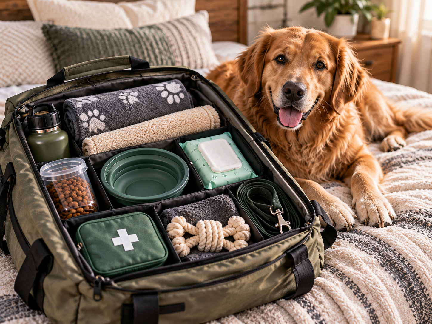 Dog travel bag packed with bowls, wipes, treats and essentials beside a golden retriever on a bed