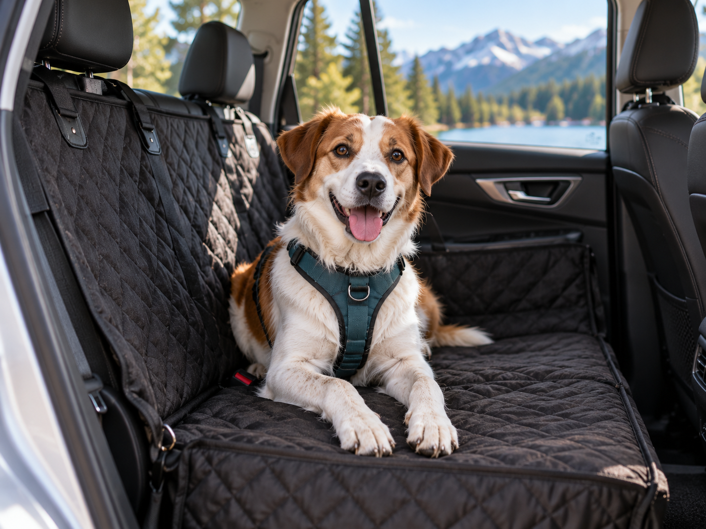 Dog sitting comfortably on a quilted back seat cover inside a car