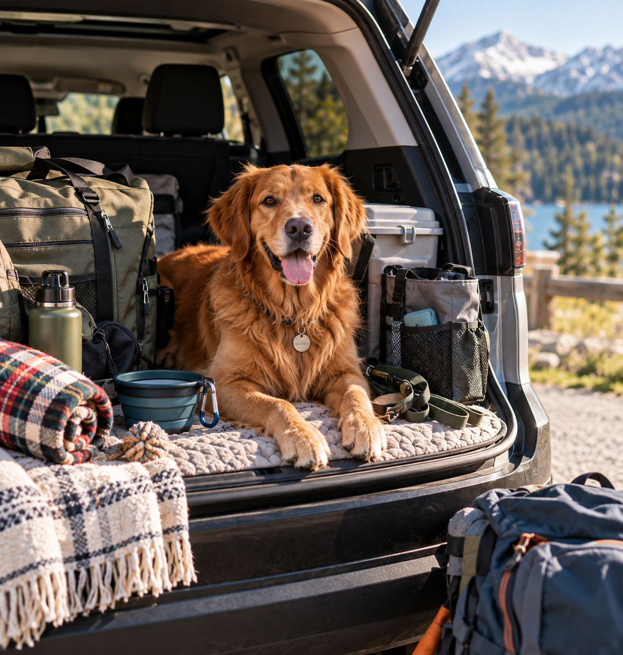 Golden retriever relaxing in the back of an SUV with dog travel gear packed for a road trip