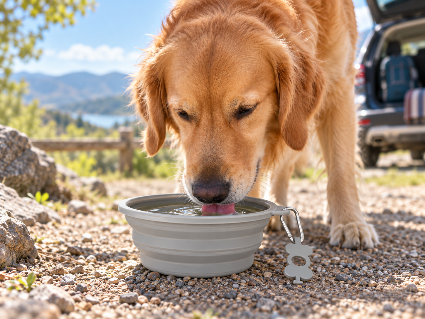 Dog owner cleaning a golden retriever's paw with Earth Rated-style unscented grooming wipes during a travel stop