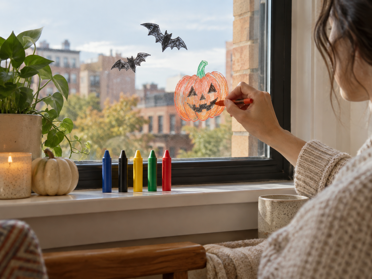 Five washable window crayons beside a compact Halloween pumpkin and bat drawing on an apartment window