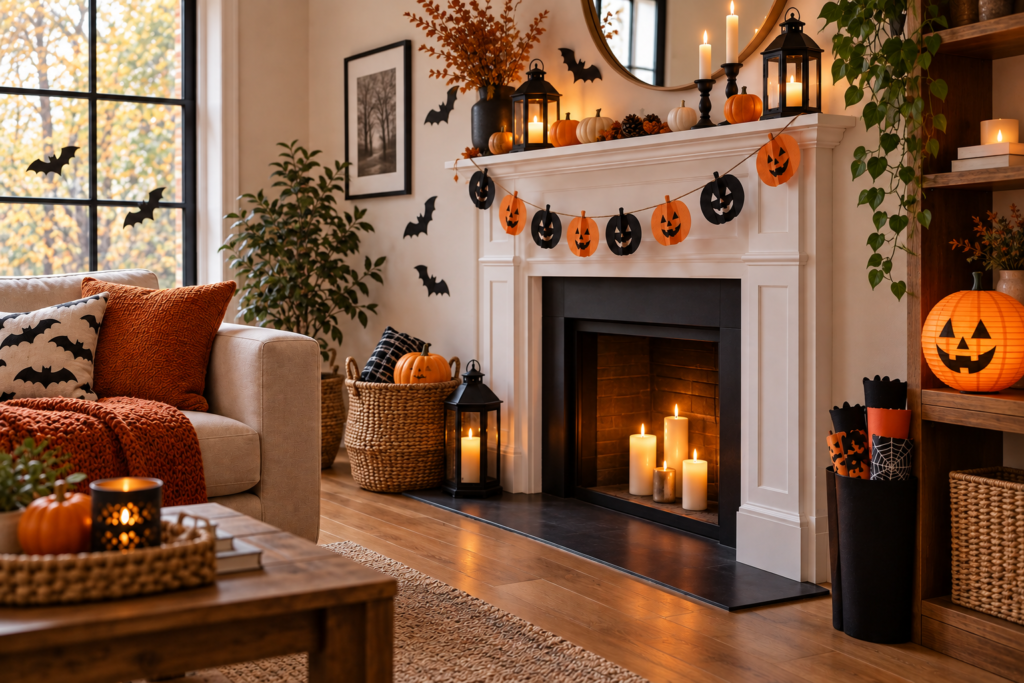 Living room decorated with reusable and compact Halloween decorations