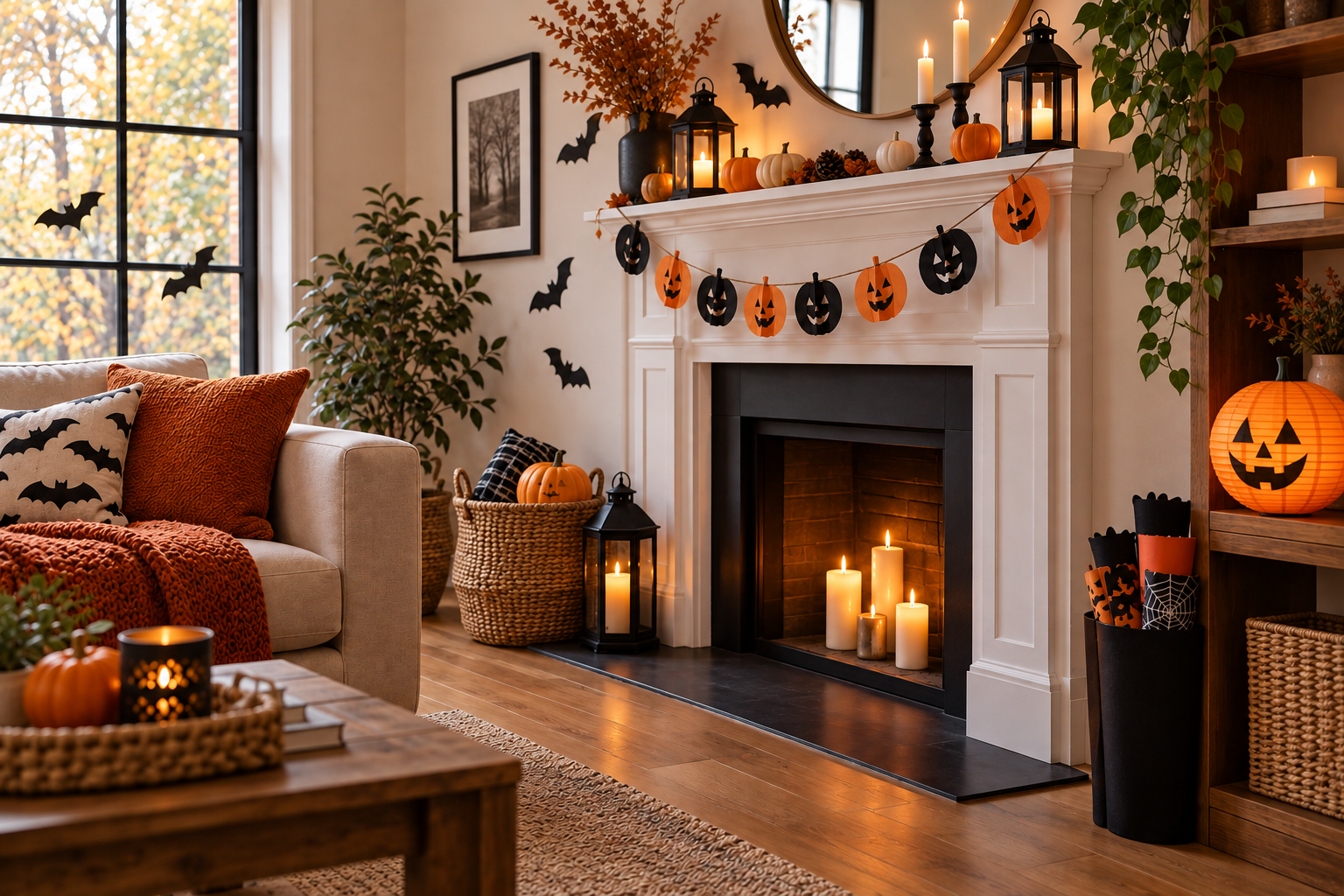 Living room decorated with reusable and compact Halloween decorations
