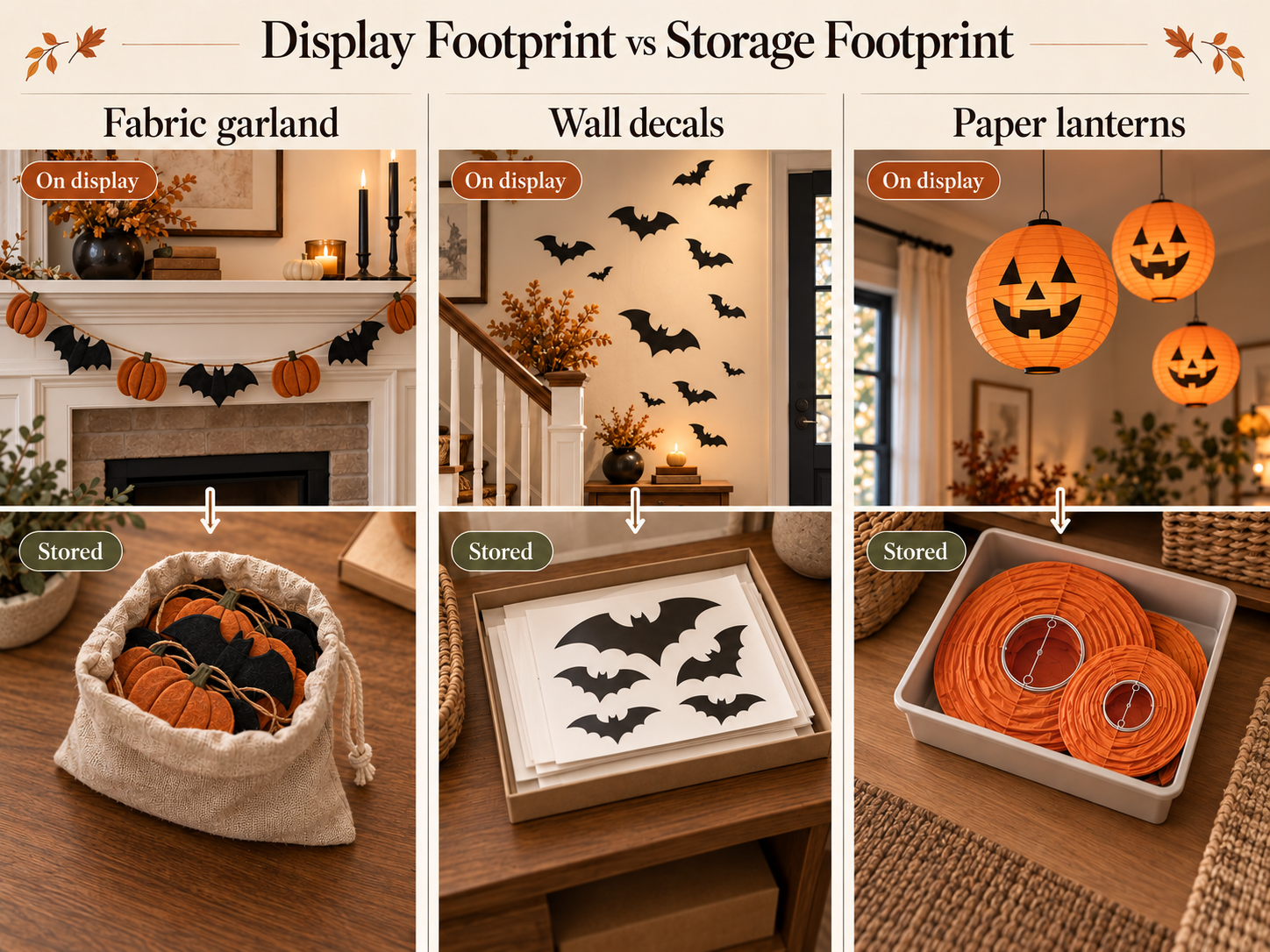 Display and storage footprint comparison for fabric garlands, wall decals and paper lanterns