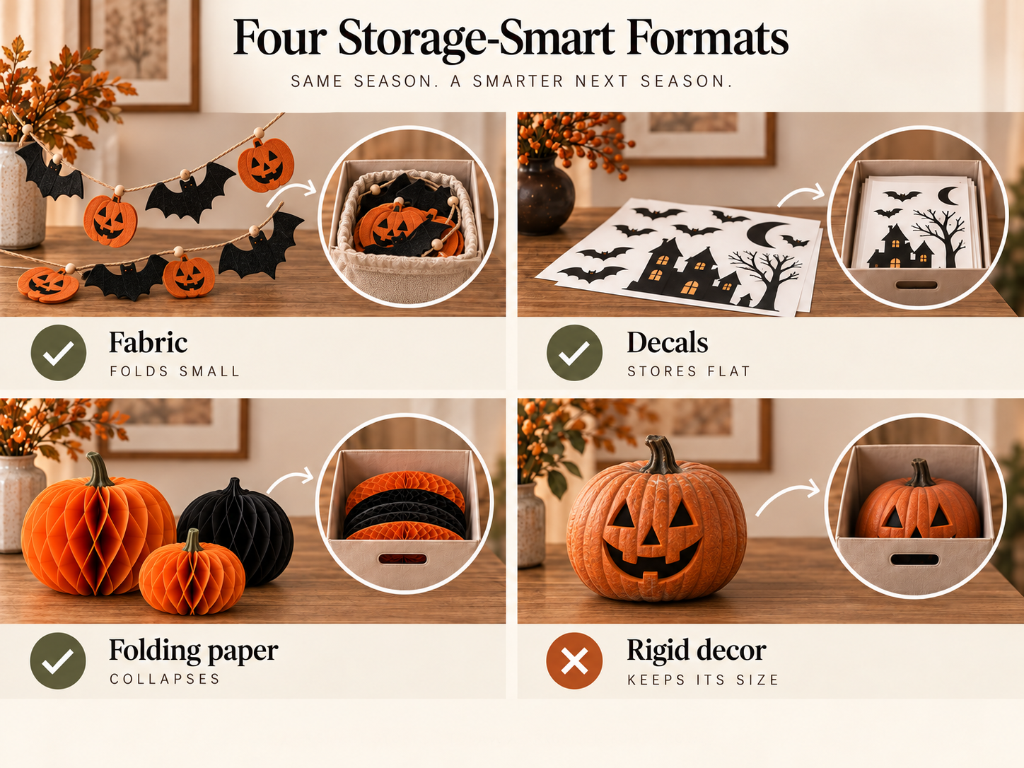 Four Halloween decoration formats compared by how compactly they store