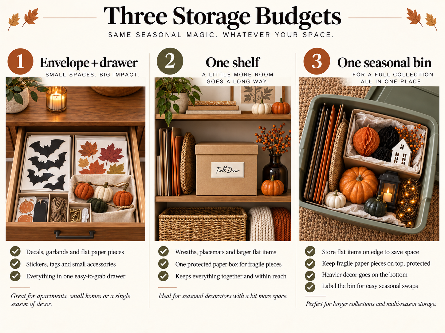 Three storage plans for compact seasonal Halloween decorations