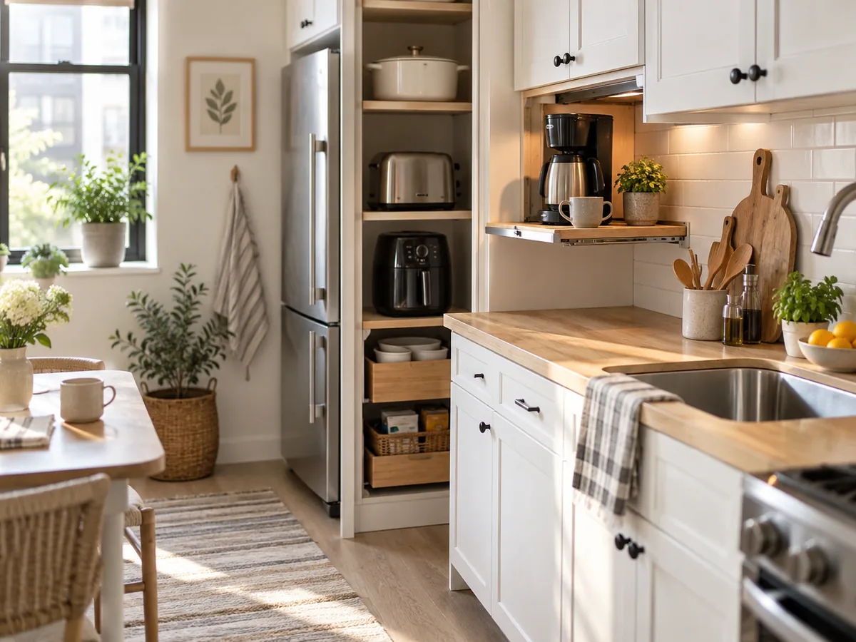 Organized small kitchen showing practical countertop appliance storage