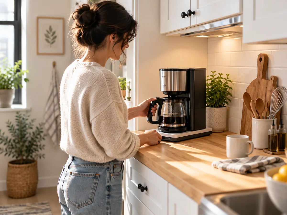 Compact coffee maker on a low-profile countertop appliance slider