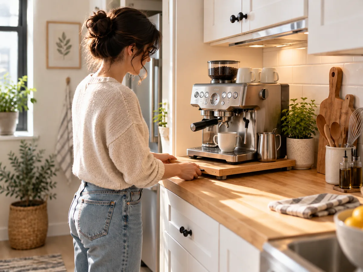 Large espresso machine on a wide bamboo countertop appliance slider