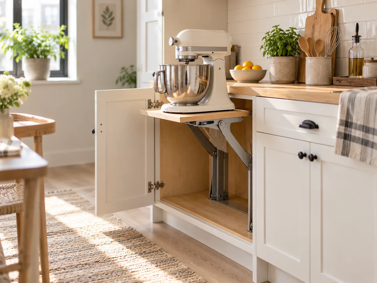 Stand mixer raised from a base cabinet on an appliance lift