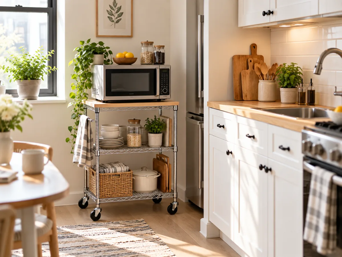 Microwave on a chrome three-tier rolling kitchen rack with wood top