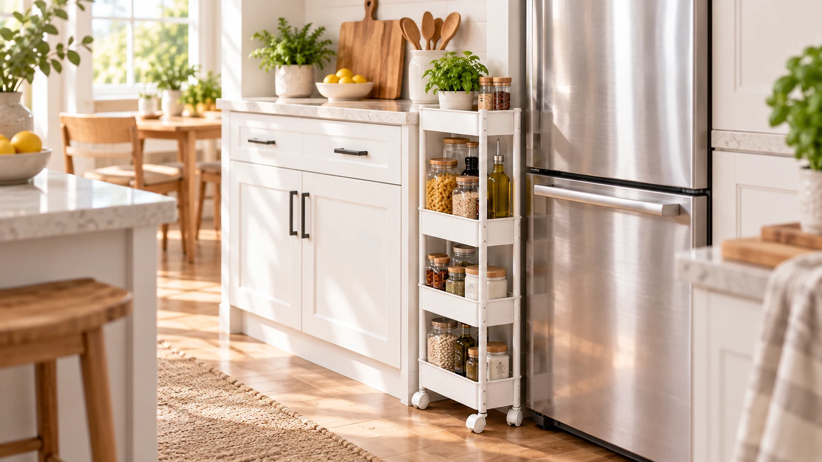 Slim rolling storage cart in a narrow gap beside a refrigerator in a small kitchen