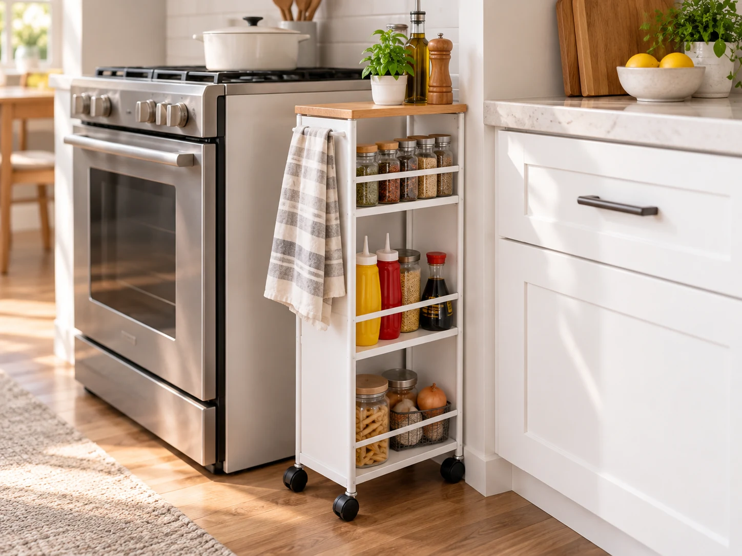 White Yamazaki Home Tower slim rolling wagon with wood-look top in a small kitchen
