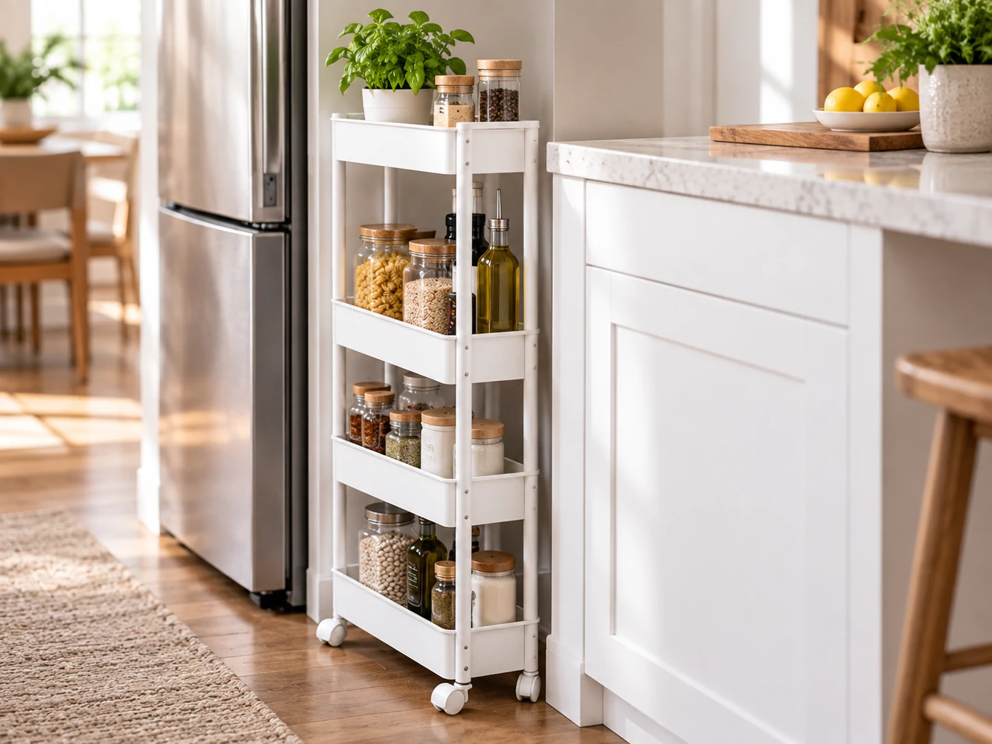 White SPACEKEEPER three-tier slim rolling storage cart beside a refrigerator