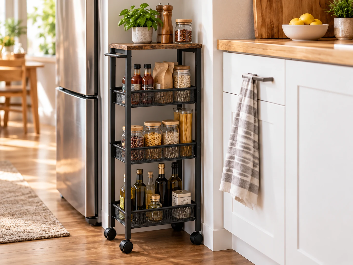 Black VASAGLE four-tier slim rolling cart with wood-look top in a small kitchen