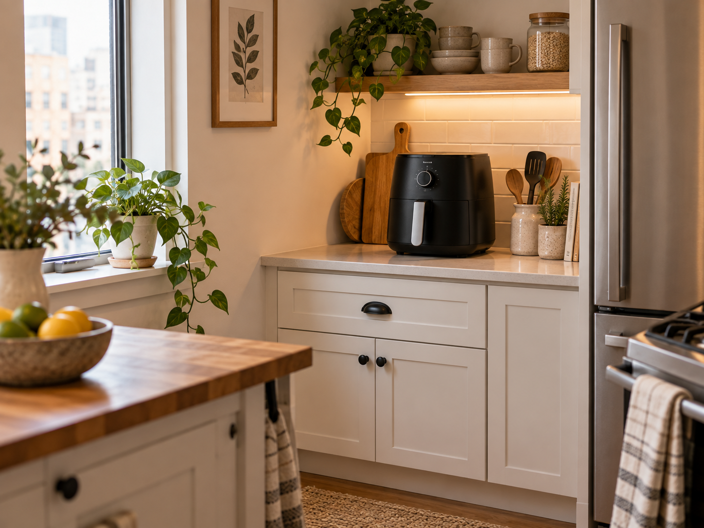 Black air fryer on a counter in a small kitchen with limited workspace