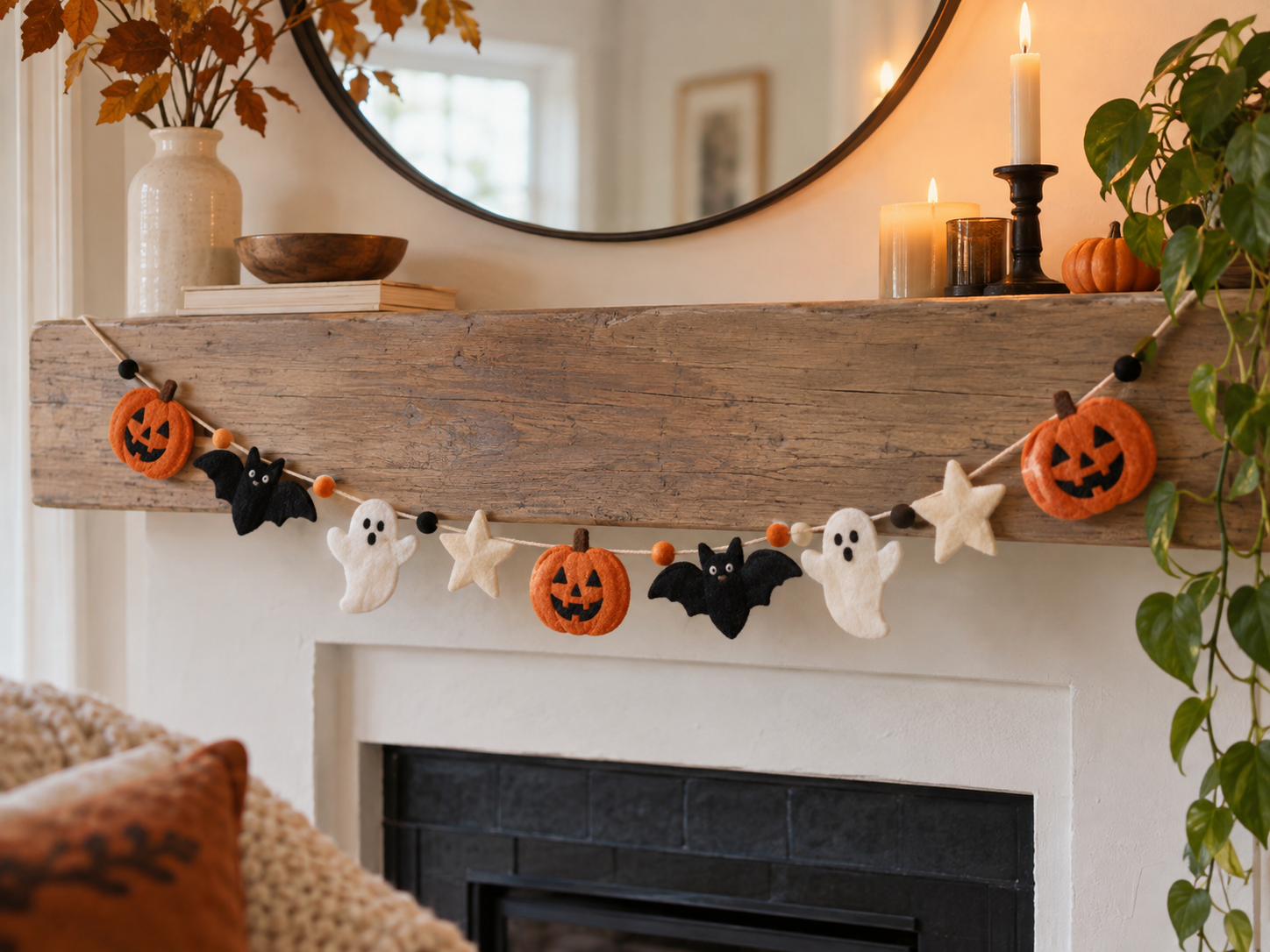Gift Boutique Halloween felt garland displayed across a mantel in a warm living room