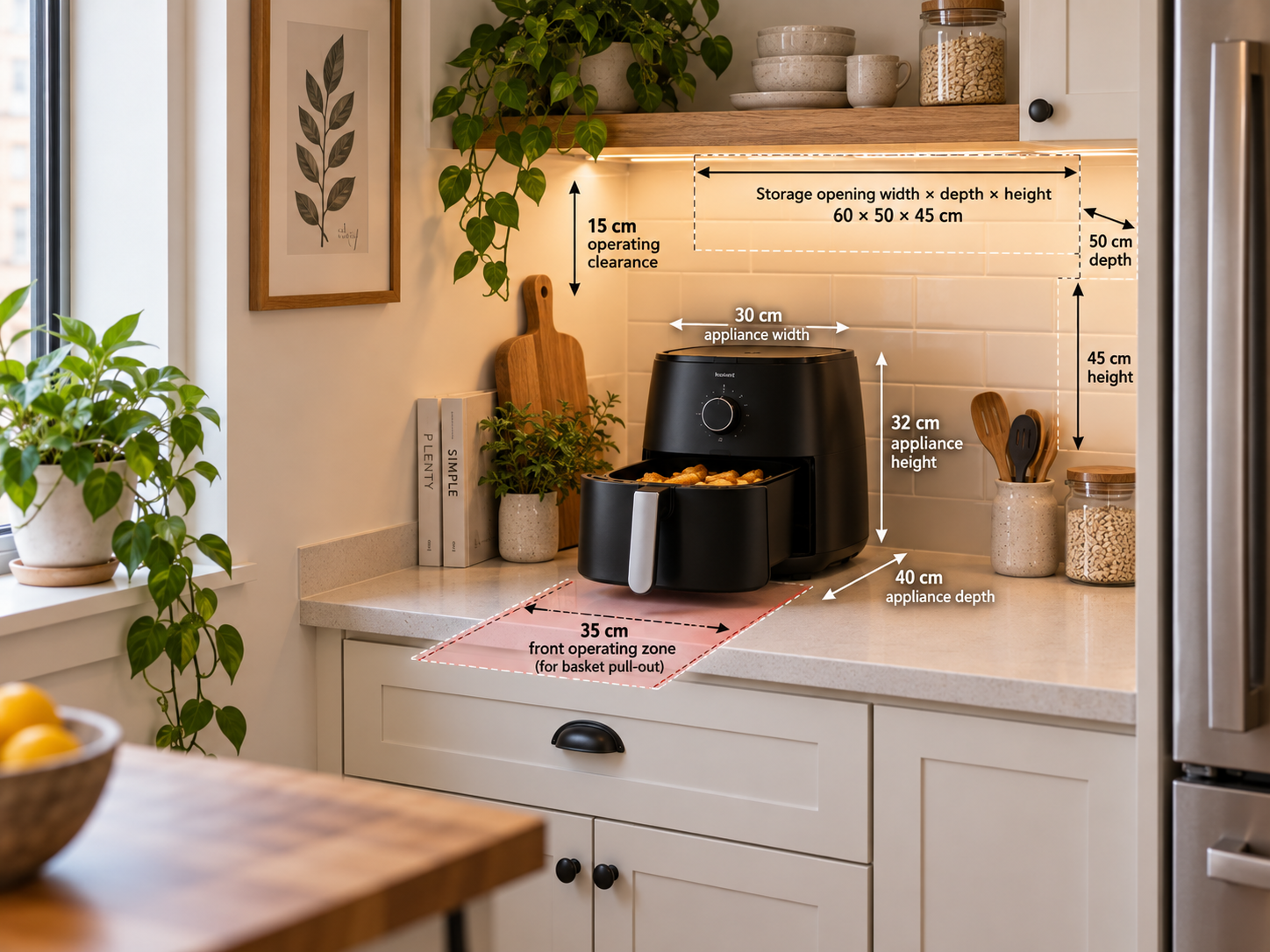 Air fryer measurement diagram showing appliance dimensions, storage opening and basket pull-out zone