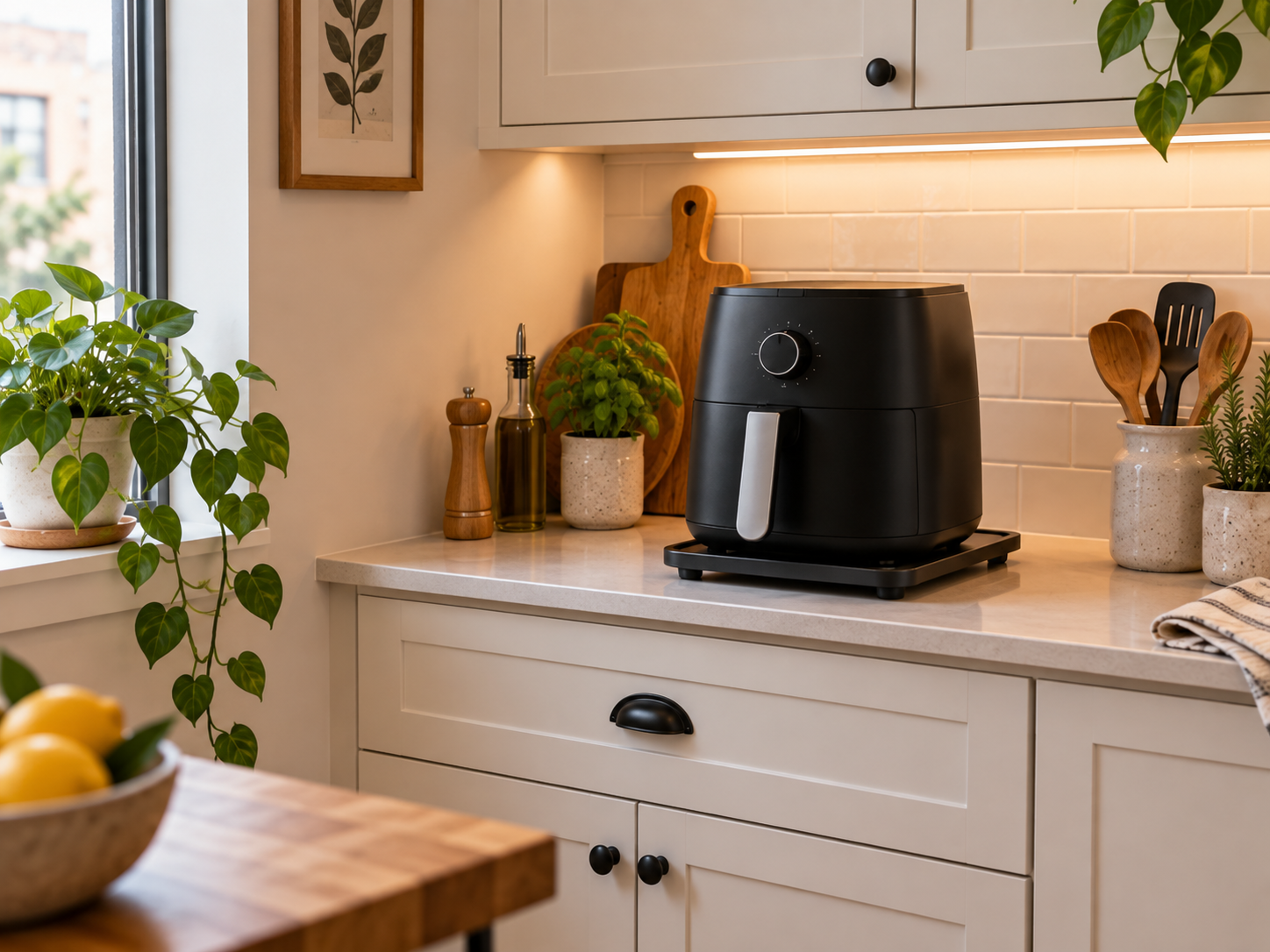 Black air fryer on a countertop appliance slider in a small kitchen