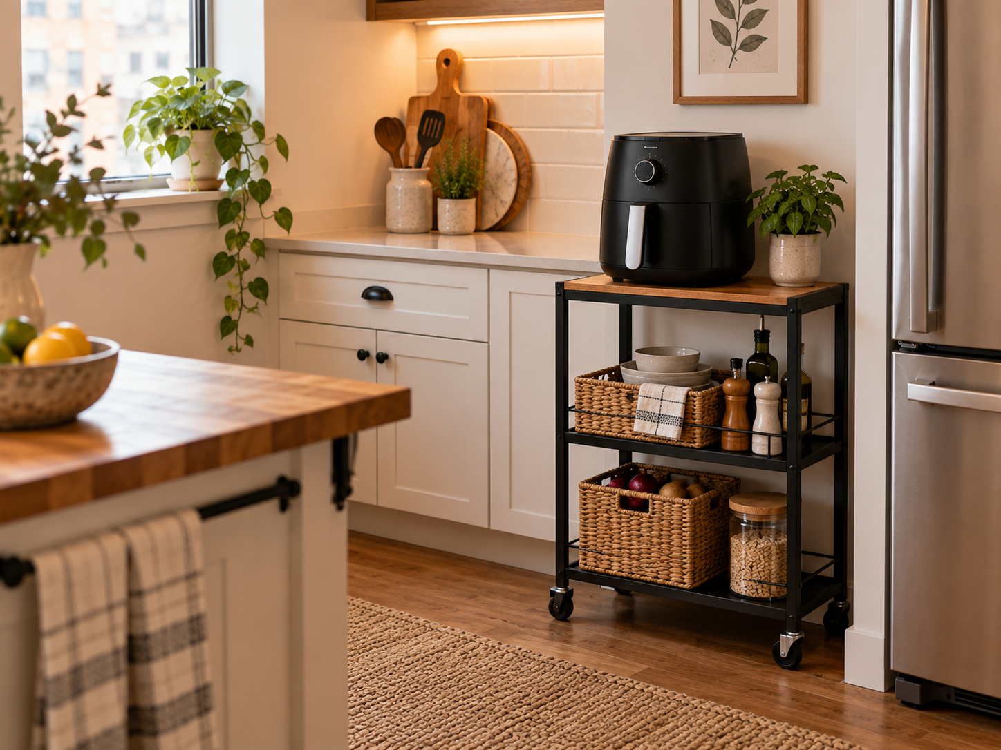 Air fryer on a rolling three-tier kitchen storage rack beside the main counter