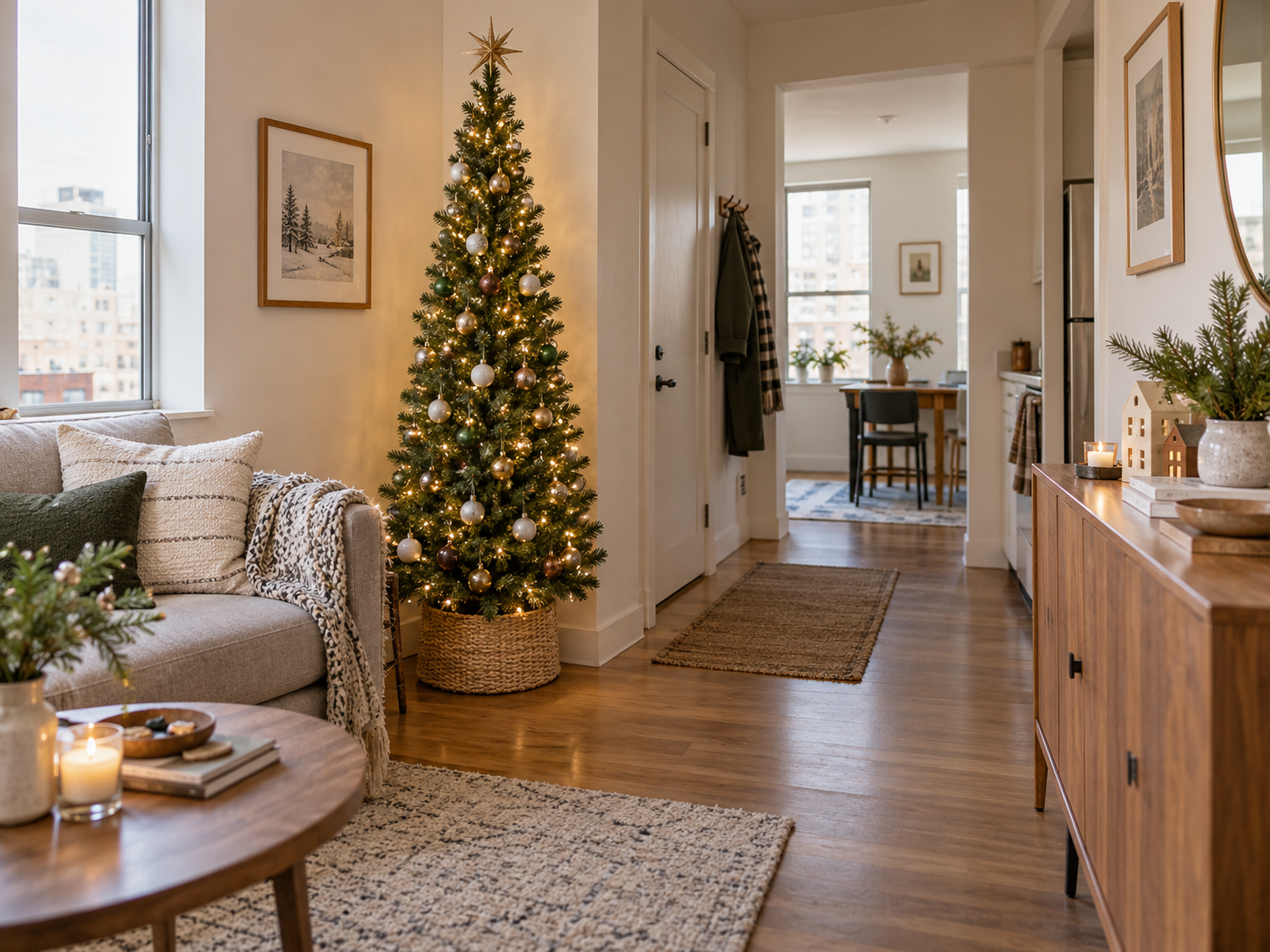 Slim Christmas tree in a small apartment with clear walking space