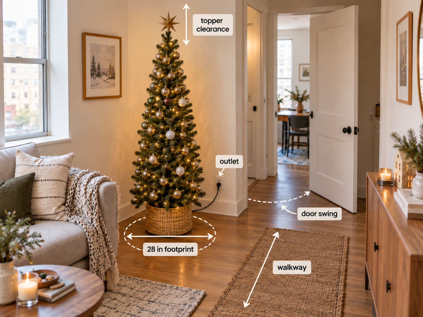 Slim Christmas tree measurement diagram showing 28-inch footprint, walkway, door swing, outlet and topper clearance