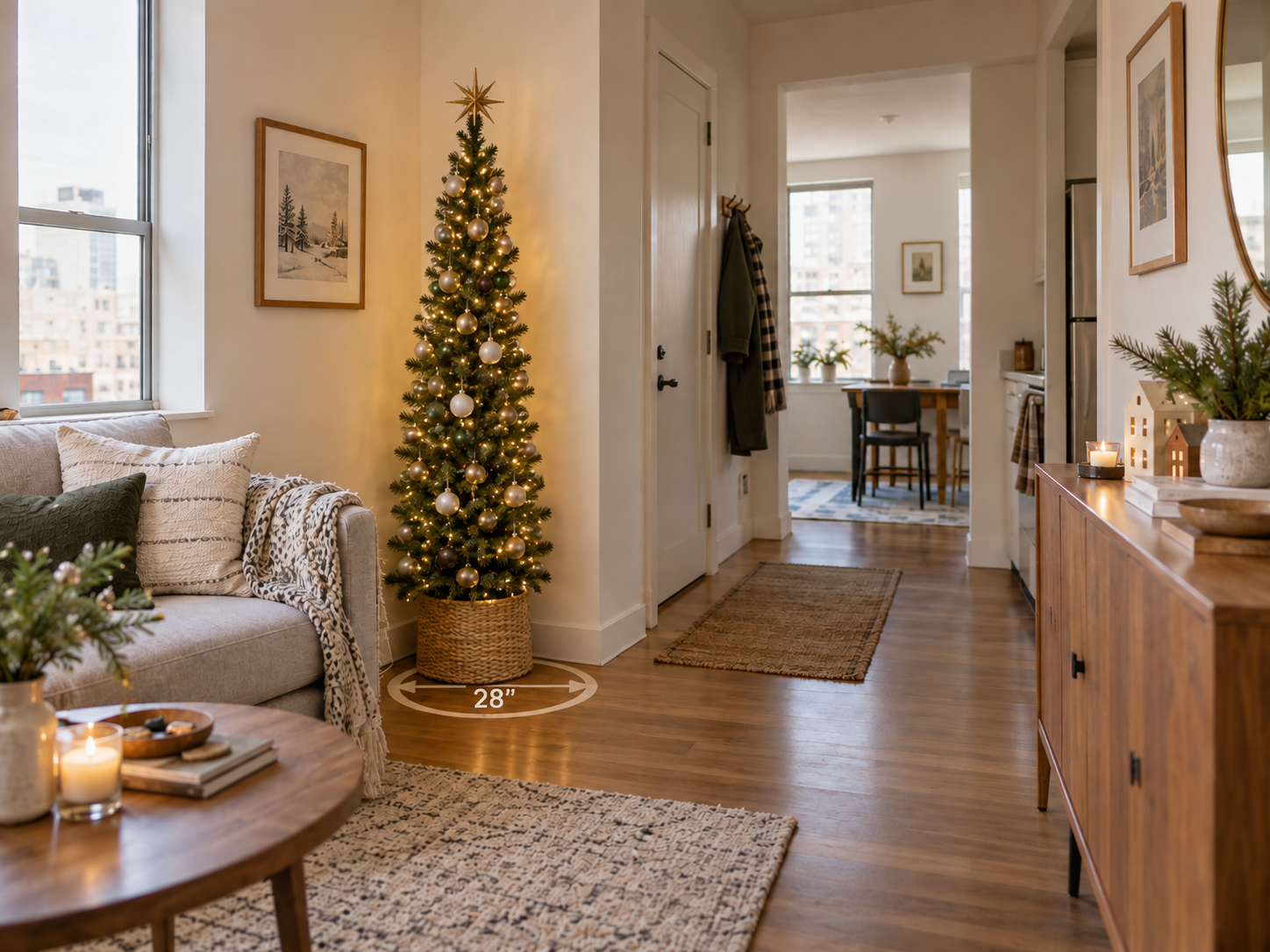Slim Christmas tree with a marked 28-inch floor footprint in a small apartment
