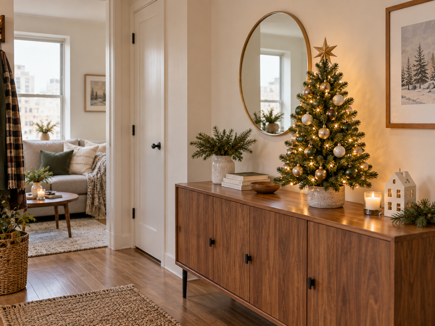 Compact tabletop Christmas tree on a sideboard in a small apartment