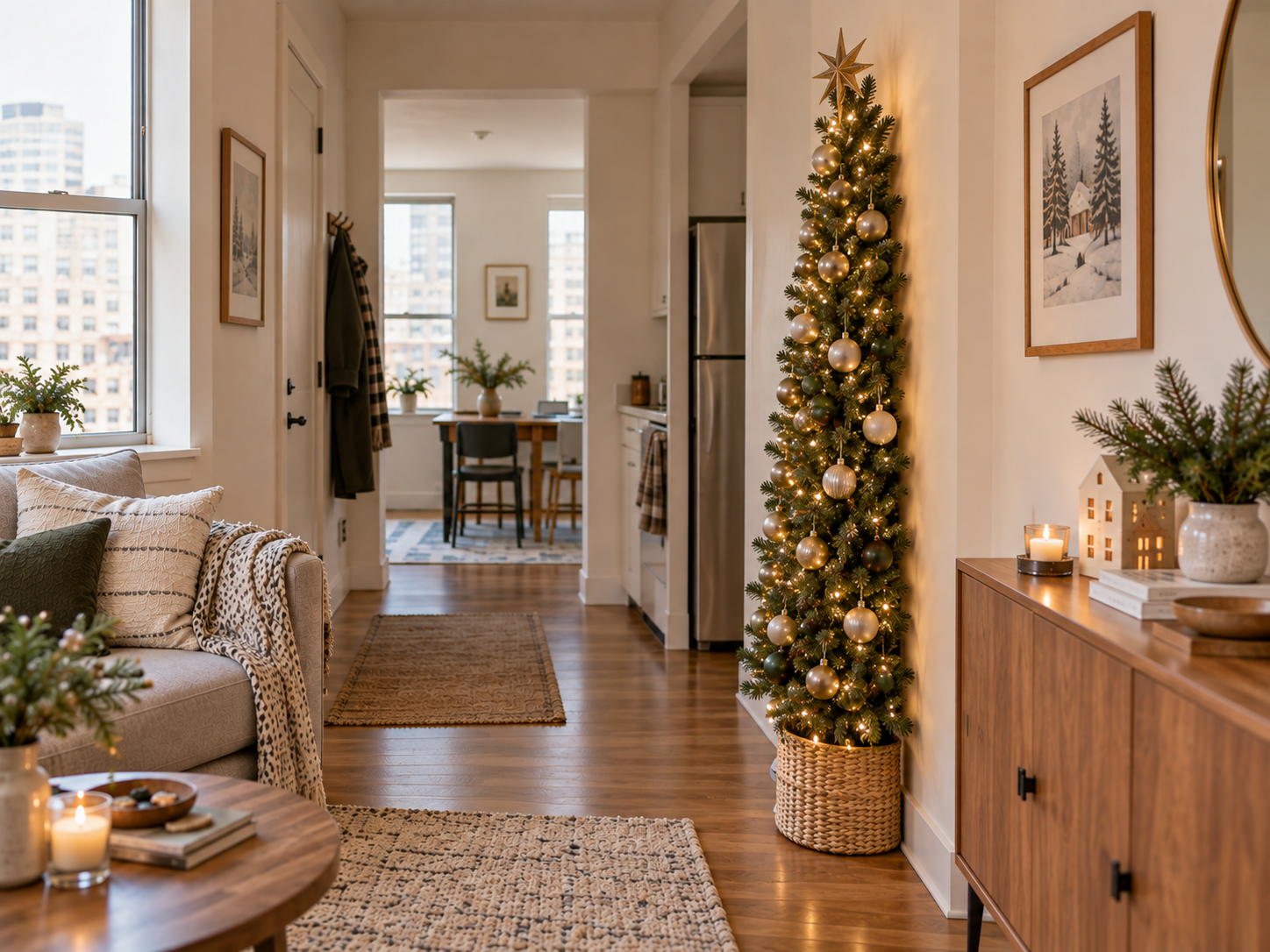 Flat-back Christmas tree positioned close to a wall in a small apartment