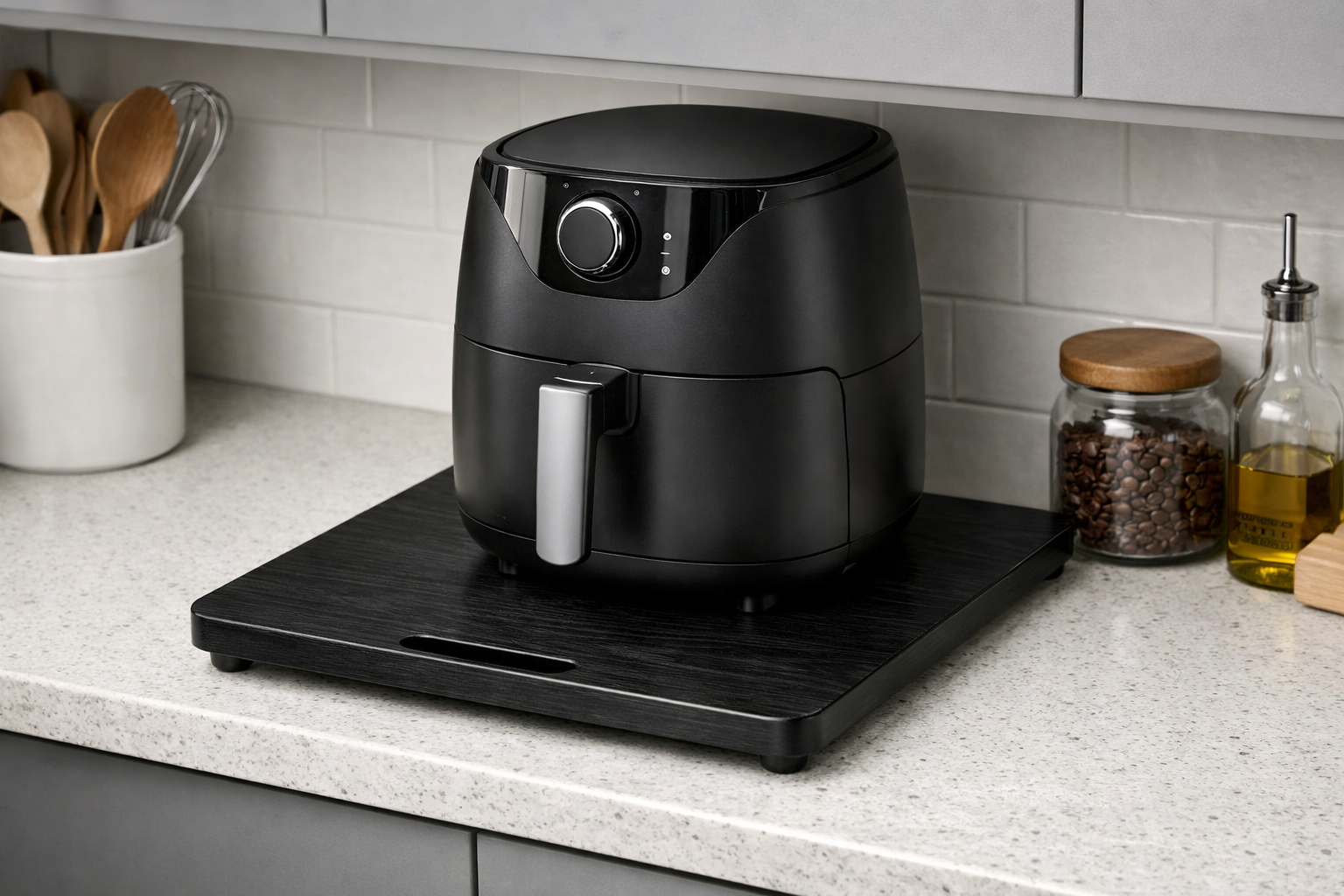 Illustrative rendering of a black bamboo appliance sliding tray in a small kitchen