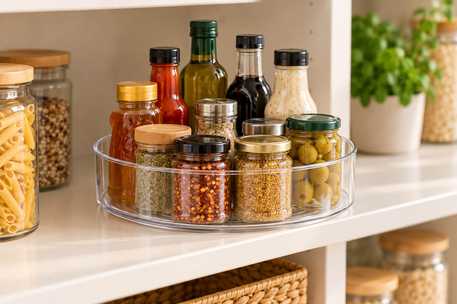 Clear 11.5-inch YCLADEC lazy Susan turntable holding jars and pantry bottles