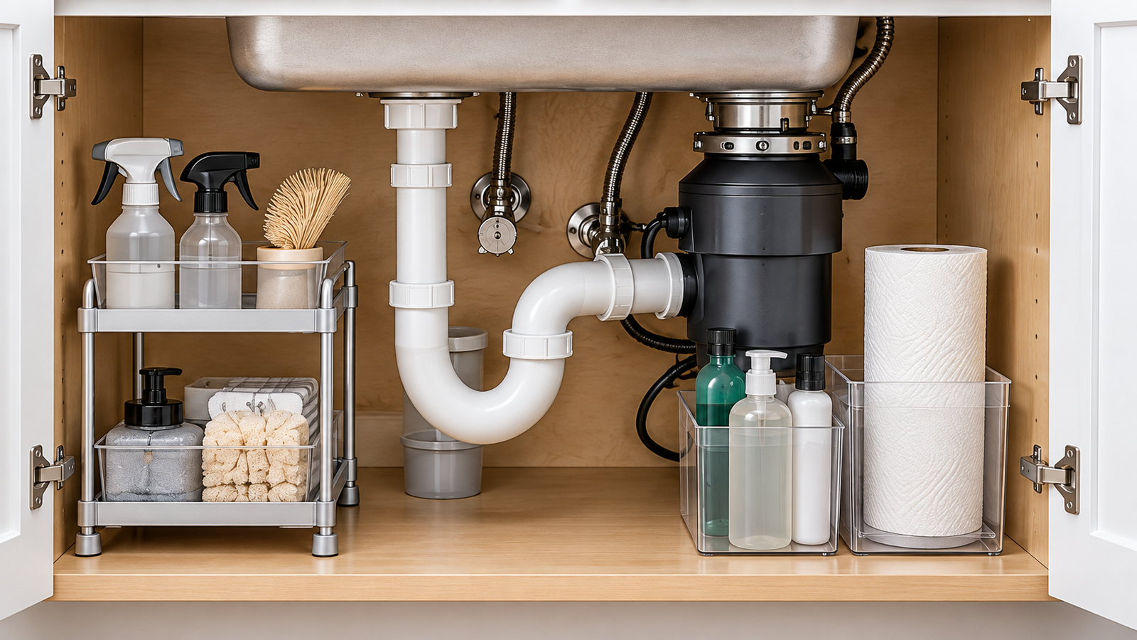 Open under-sink cabinet with visible plumbing and generic organizers in the clear side zones.