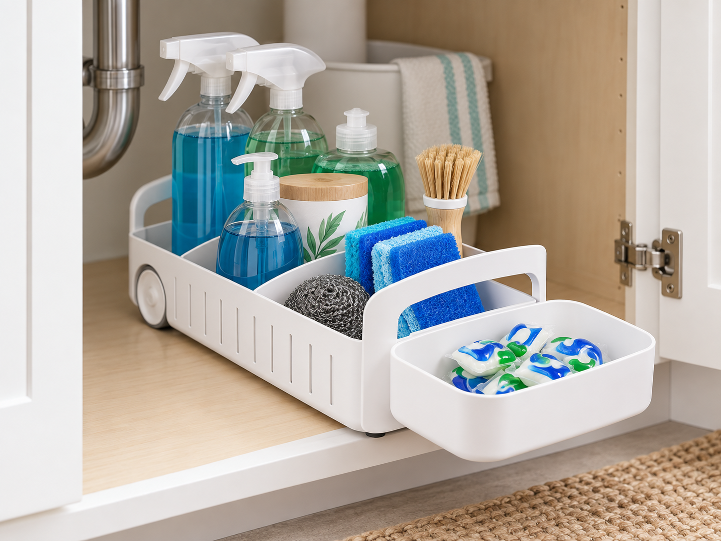 YouCopia RollOut 8-inch under-sink caddy holding cleaning supplies beside visible sink plumbing