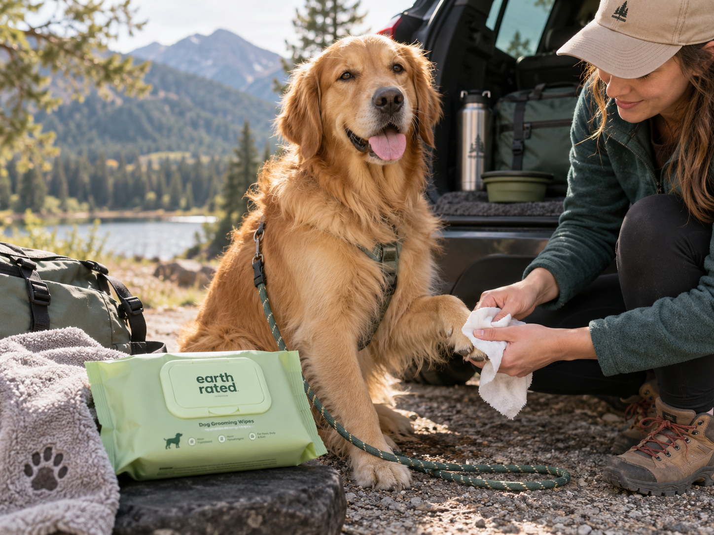 Golden retriever drinking from a collapsible silicone travel dog bowl during an outdoor road-trip stop