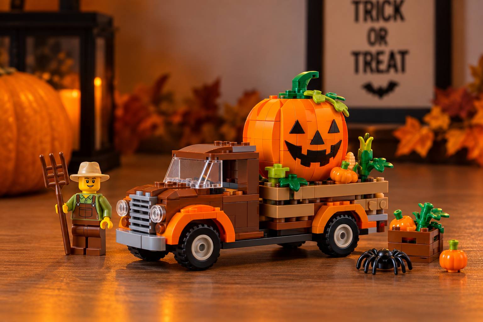 LEGO-style Jack-O'-Lantern Pickup Truck 40822 displayed as a compact Halloween focal decoration