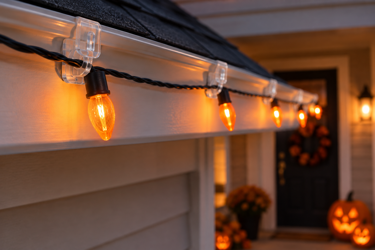 Command Outdoor Clear Light Clips holding a lightweight outdoor Halloween string light along a finished porch surface