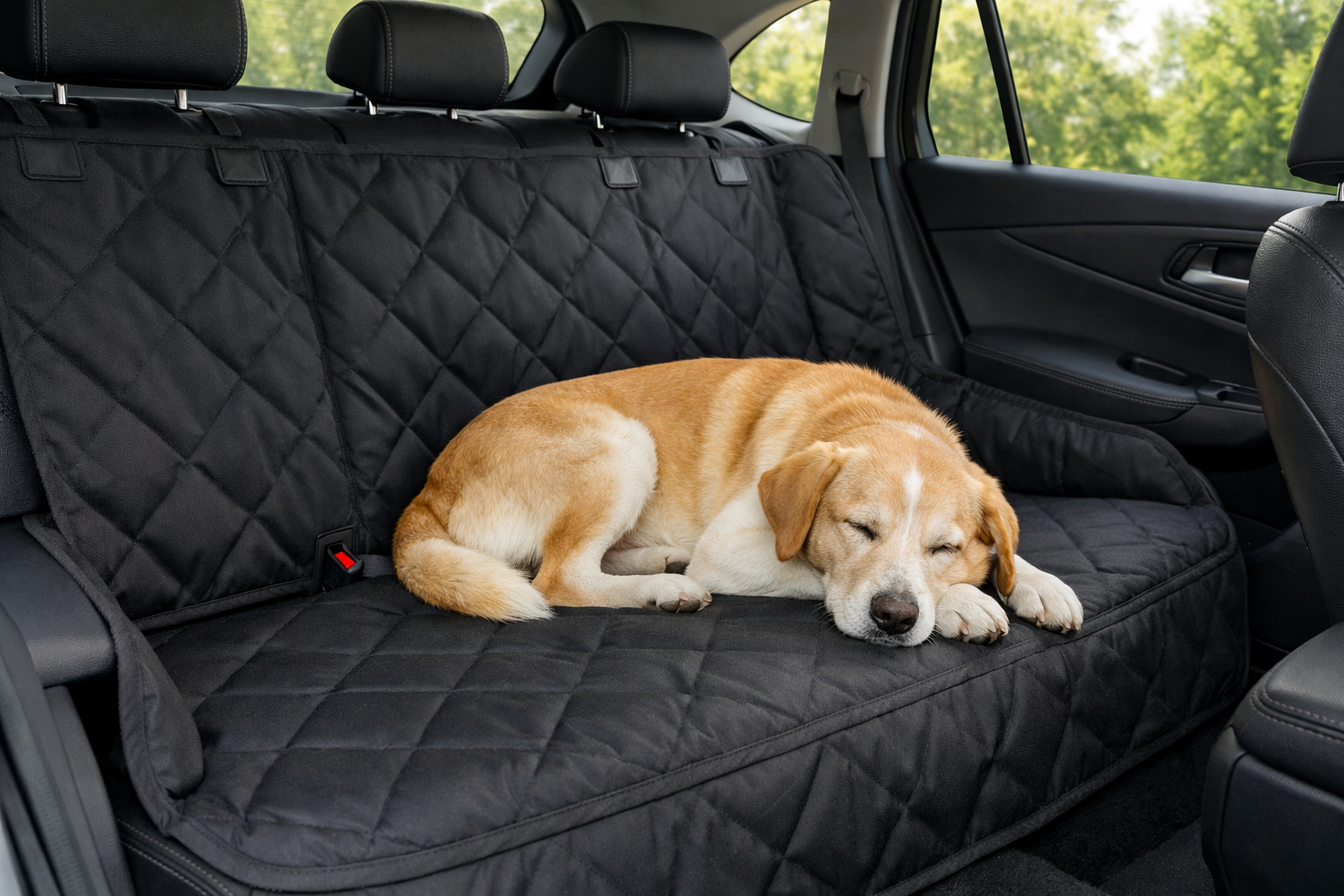 Dog resting on a fitted rear-seat cover inside a vehicle