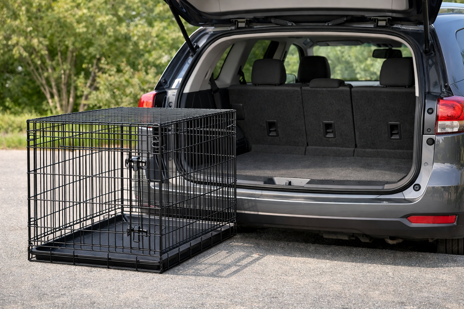Travel crate positioned beside a vehicle cargo area