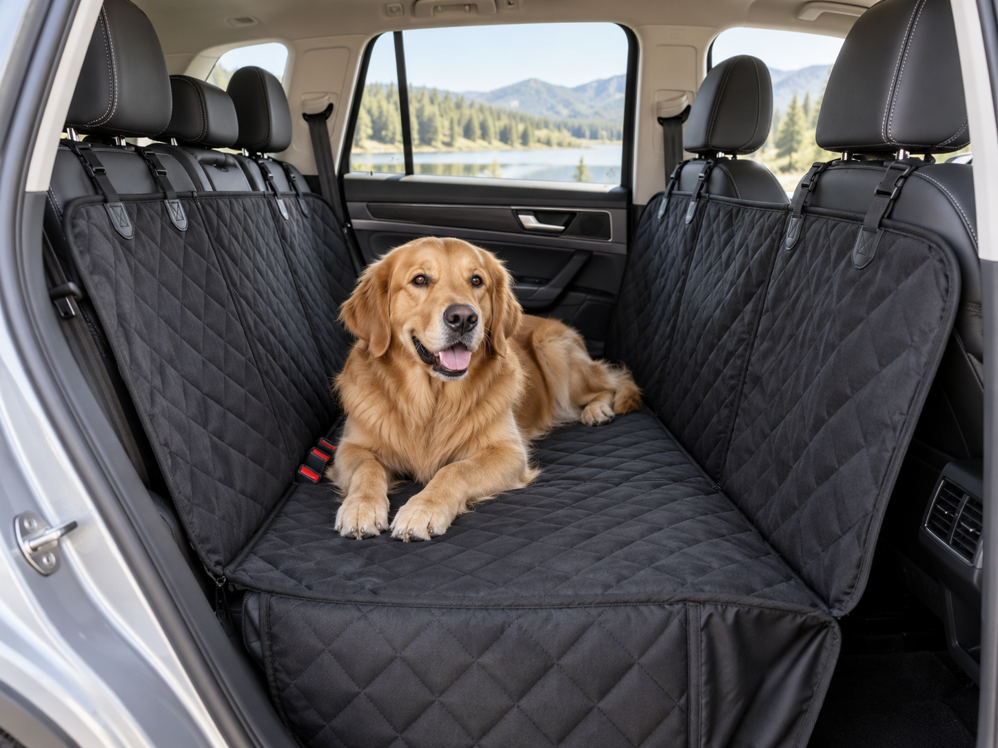 Black quilted rear-seat hammock cover installed in a car with a golden retriever