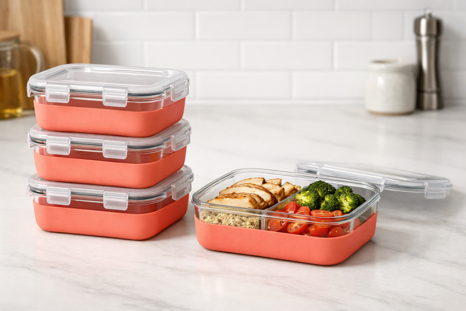 Five matching glass meal-prep containers with melon silicone boots and locking lids