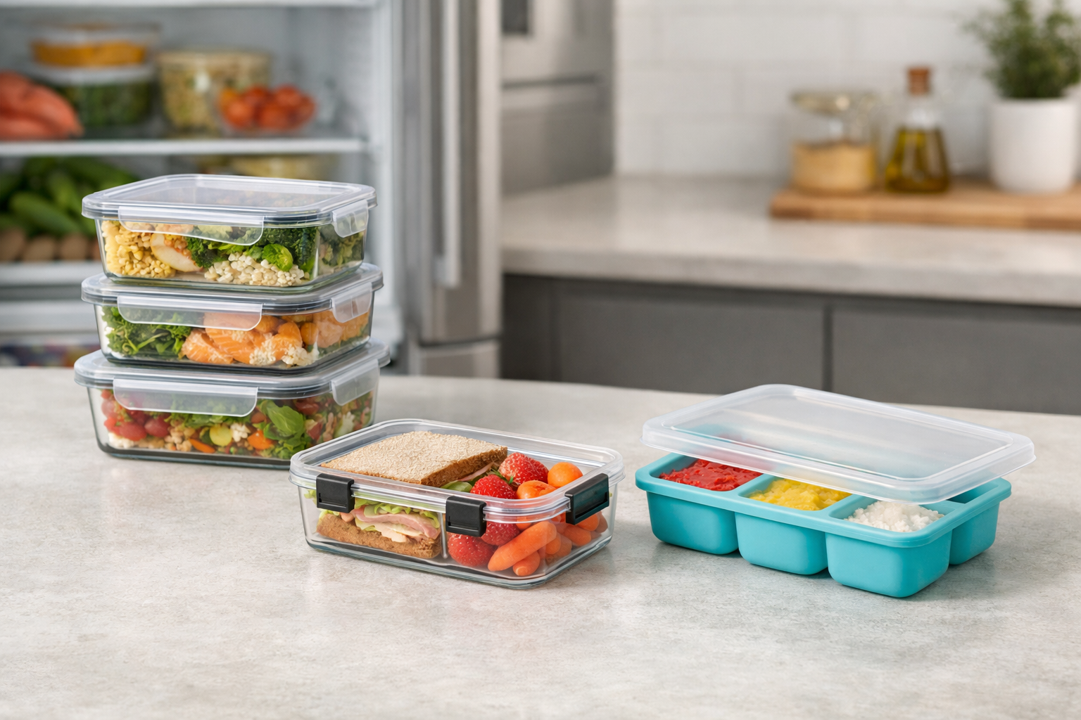 Glass meal-prep containers, a clear lunch container and a freezer portion tray arranged by use case