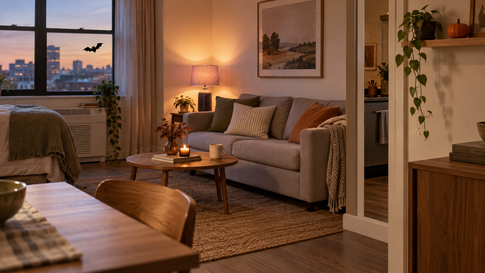 Warm, uncluttered studio apartment Halloween sightline with a paper bat silhouette, table lamp, and one small pumpkin decoration.