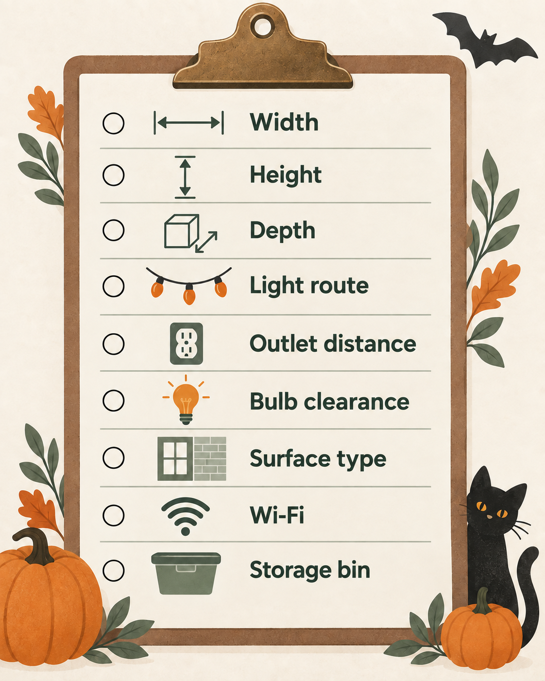 Measure-first checklist illustration with icons for space, lights, outlet, lamp, surface, Wi-Fi, and storage.