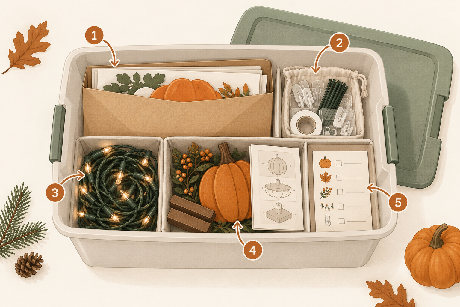 Organized one-bin Halloween storage plan with flat decor, mounting supplies, lights, focal decoration parts, and inventory card.