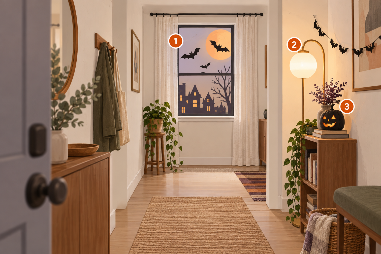 Illustration of one compact apartment Halloween sightline with a window visual, lighting layer, compact focal object, and clear walkway.