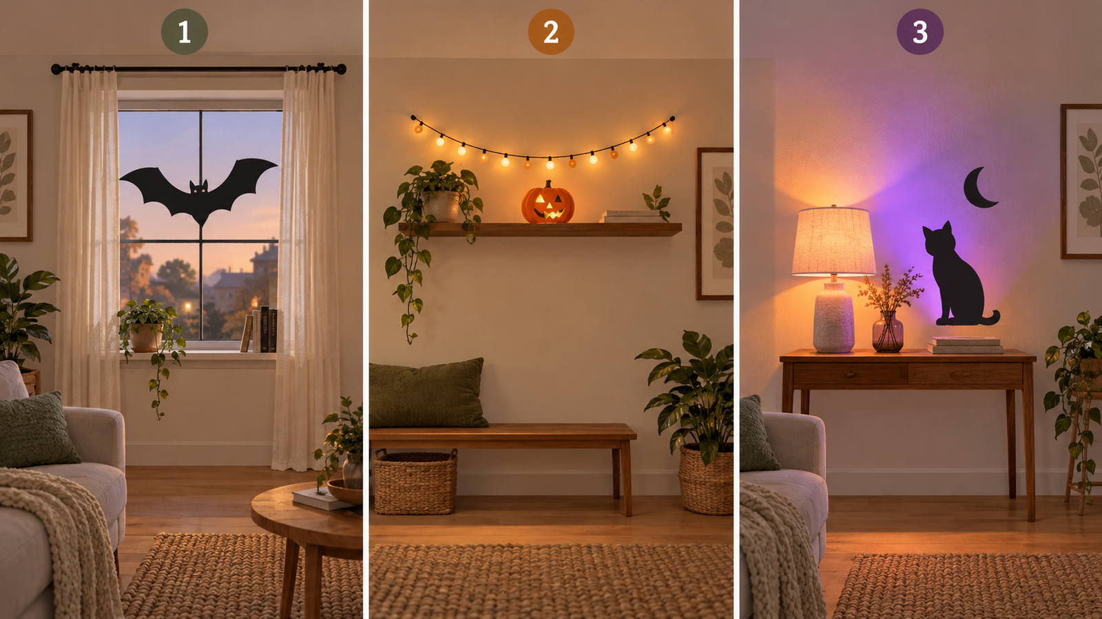 Three compact Halloween decorating paths: a flat window display, a light line above a shelf, and a reusable lamp setup.
