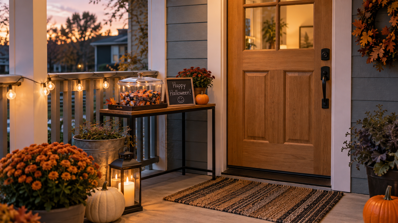 A compact unbranded Halloween treat station on a small covered porch with a clear door path.
