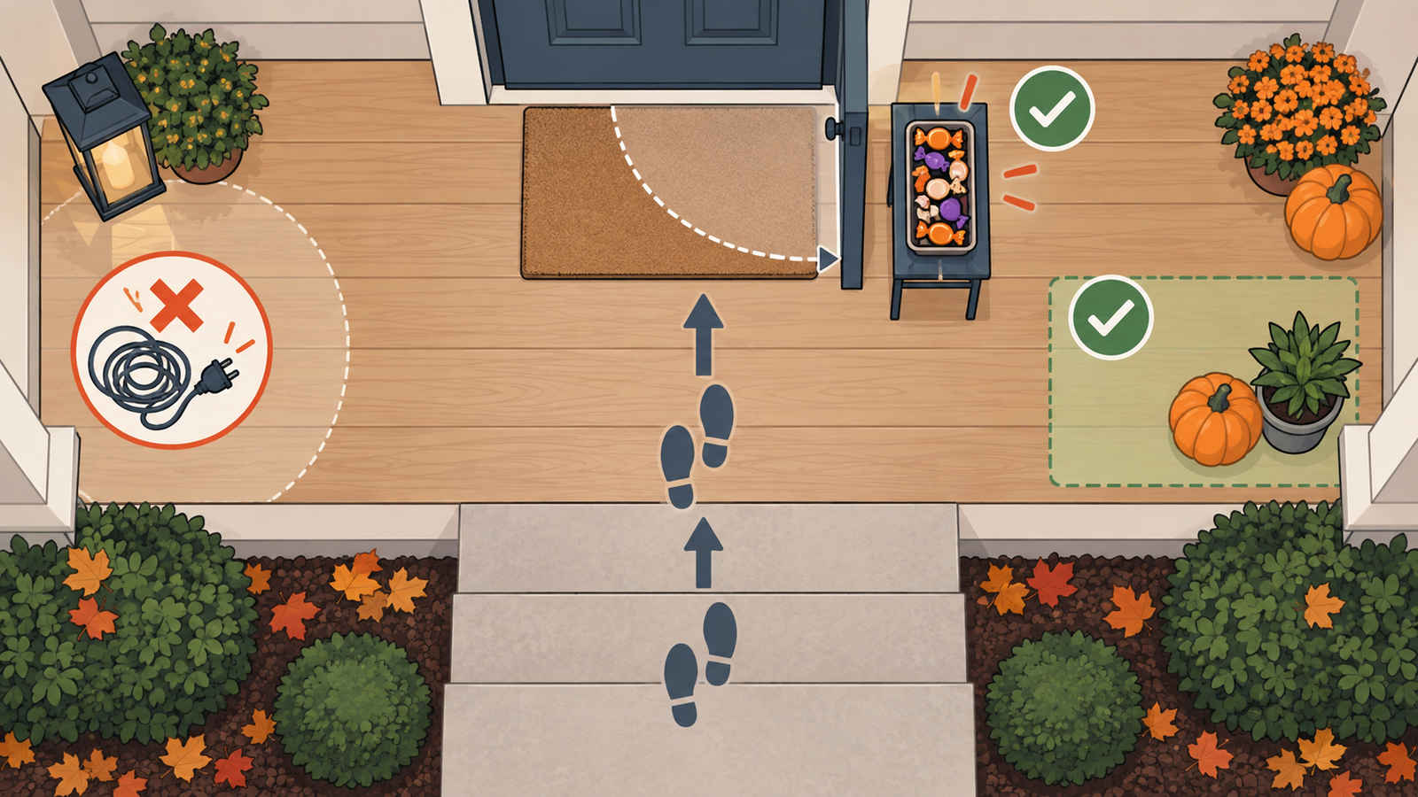 Top-down illustration of a small porch showing a door swing, treat-station area, and clear walking route.
