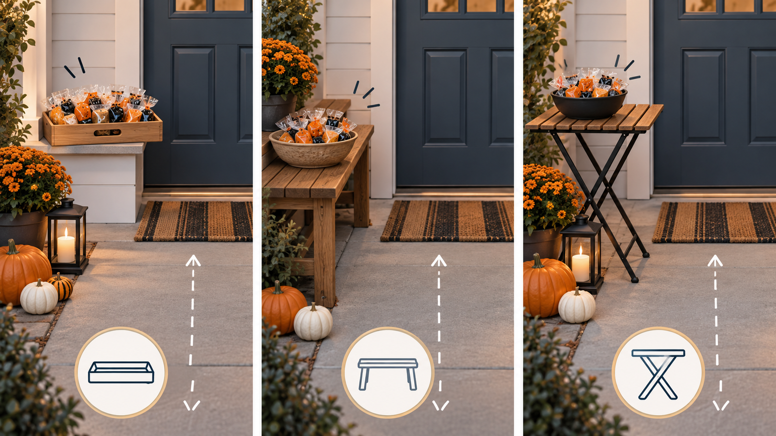 Three compact Halloween porch treat-station layouts: a carry-out tray, narrow bench, and folding table.