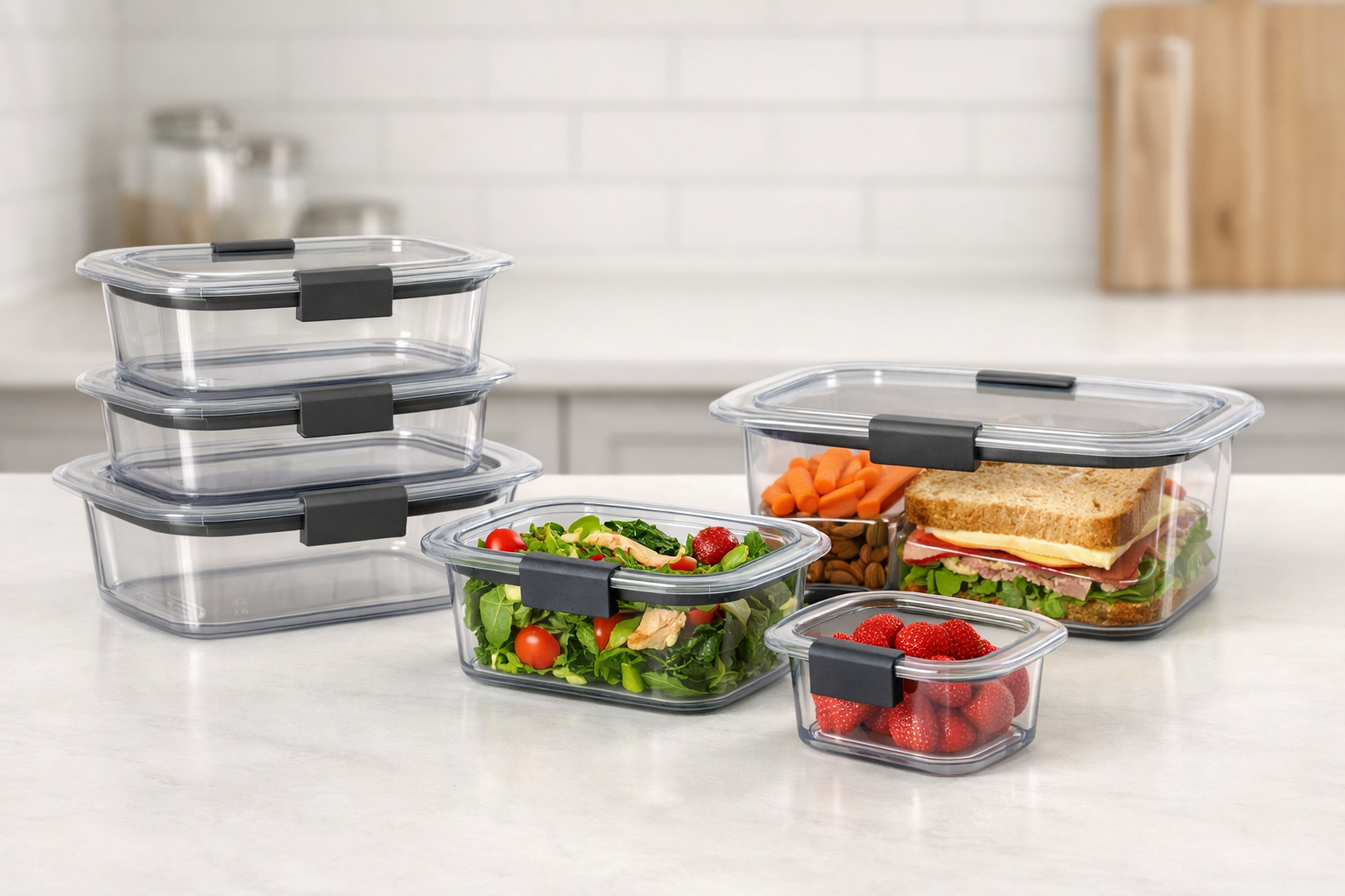Clear rectangular Rubbermaid Brilliance-style food storage containers with dark locking latches arranged as a five-container set